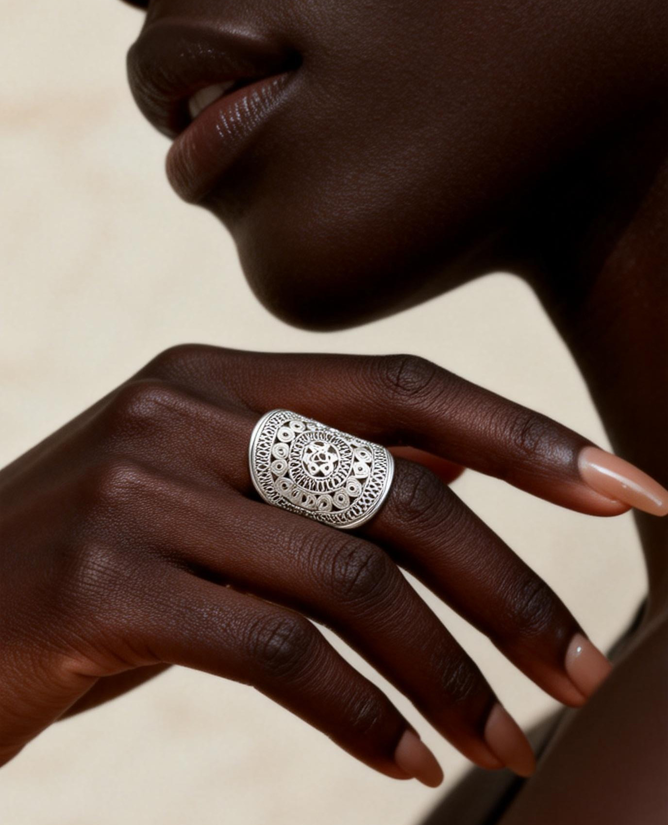 Miao Silver Filigree Sunburst Statement Ring