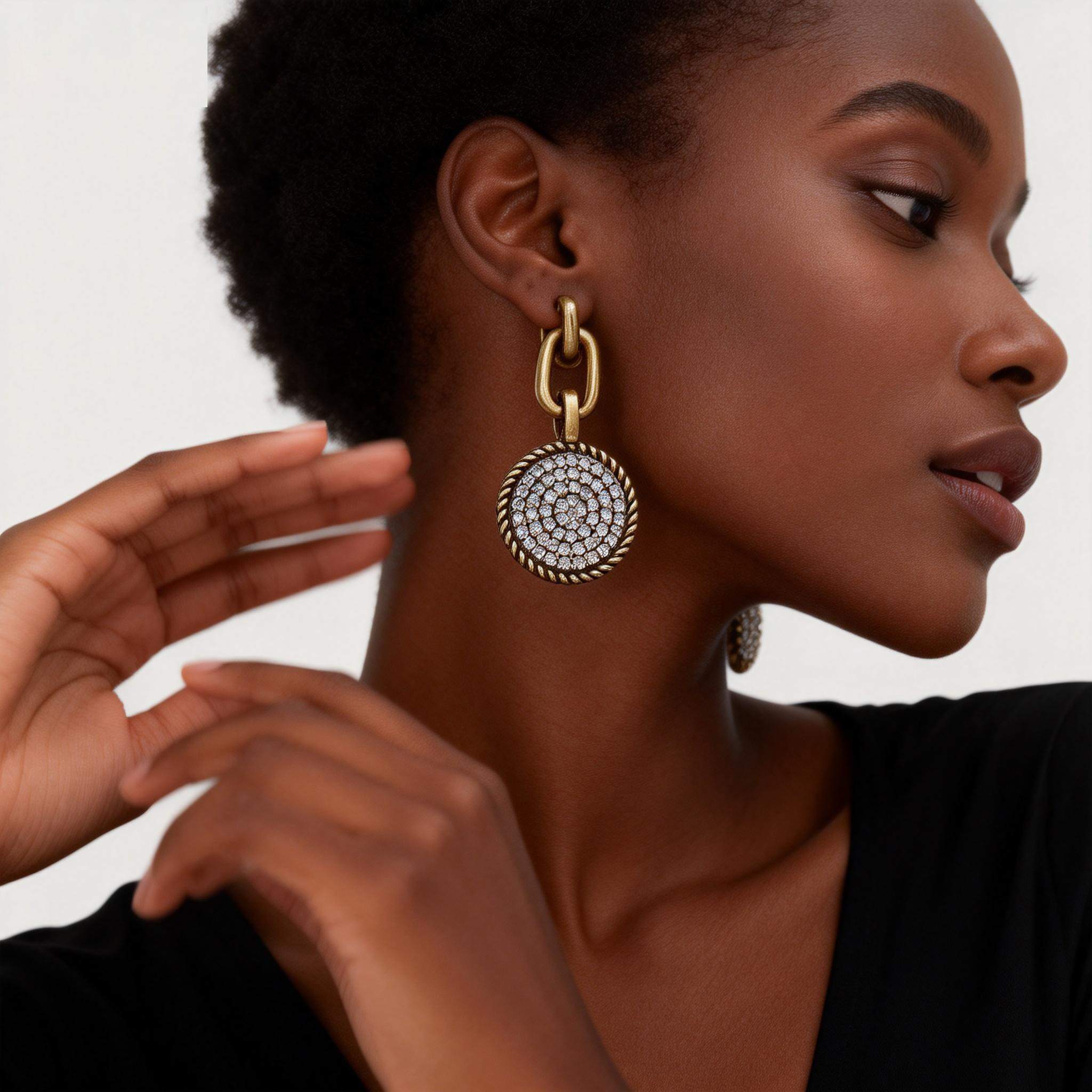 Vintage Gold Pave Disc Drop Earrings