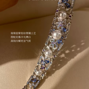Vintage Court-Inspired Bracelet with Faux Australian White Pearls & Sapphire Accents