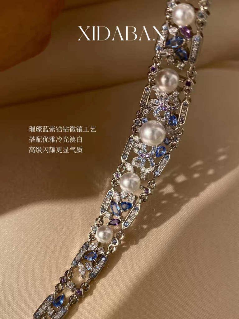 Vintage Court-Inspired Bracelet with Faux Australian White Pearls & Sapphire Accents